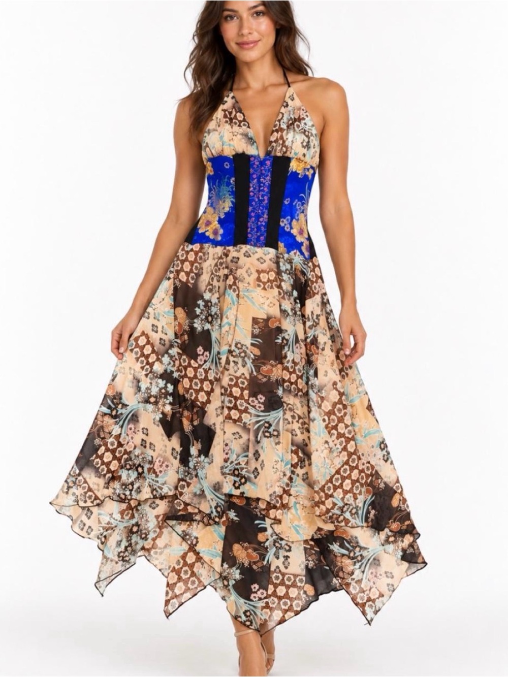 Vintage Haute Rags Y2K Patchwork Halter High-Low Dress